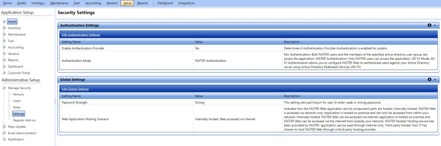 Security settings page